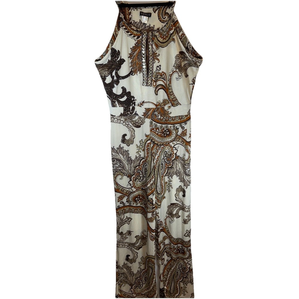 Venus Womens Beige‎ Paisley Halter Jumpsuit  With Tassels - Size Medium
